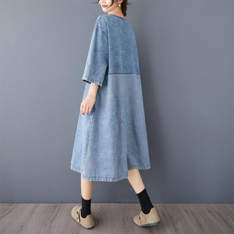 New Vintage Summer Denim Dress Women Plus Size Elegant Loose Blue Maxi Basic Dresses O Neck