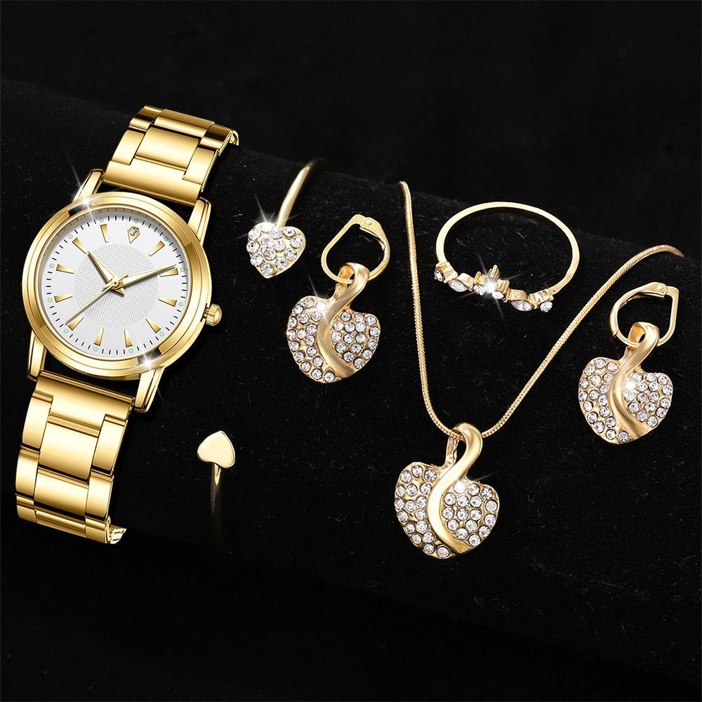 Women's Quartz Watch Gold Luxury Women Ring Necklace Earring Rhinestone Fashion Wristwatch Casual Ladies Watches Jewelry Set
