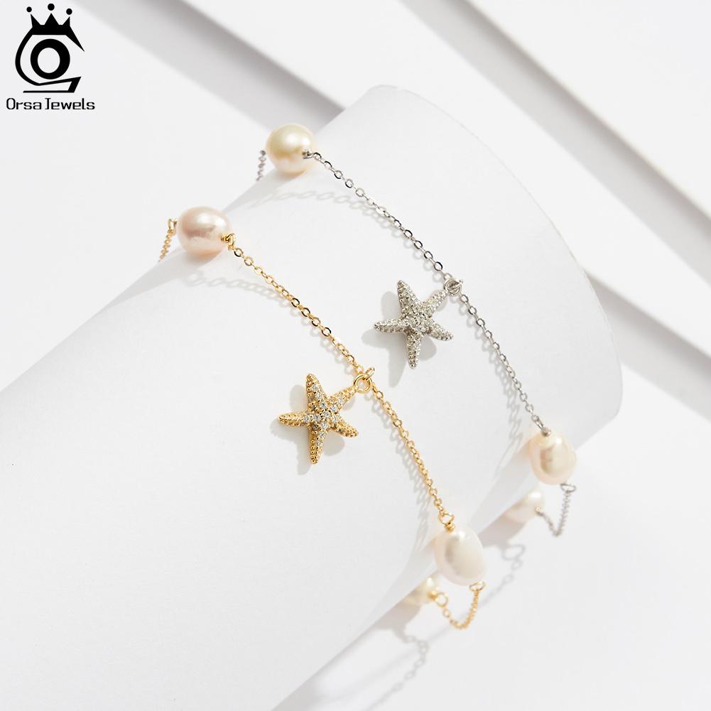 ORSA JEWELS Natural Freshwater Pearl and Starfish 925 Silver Chain Ankelt for Women Summer Holiday Anklets Jewelry SA74