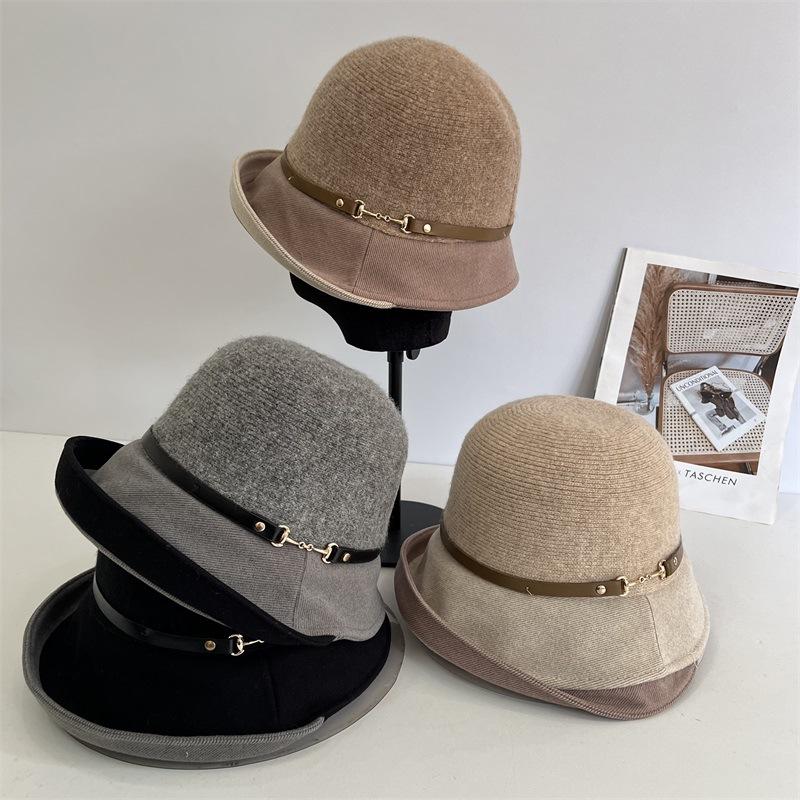 

Cashmere fisherman s hat children s autumn and winter retro versatile warm knitted hat premium feeling belt decorative basin hat M（56-58cm） хакі