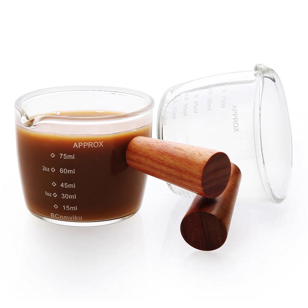 Wood Handle Glass Espresso Measuring Cup Single/Double Mouth Milk Jug Coffee Supplies Transparent Kitchen Measure Mug
