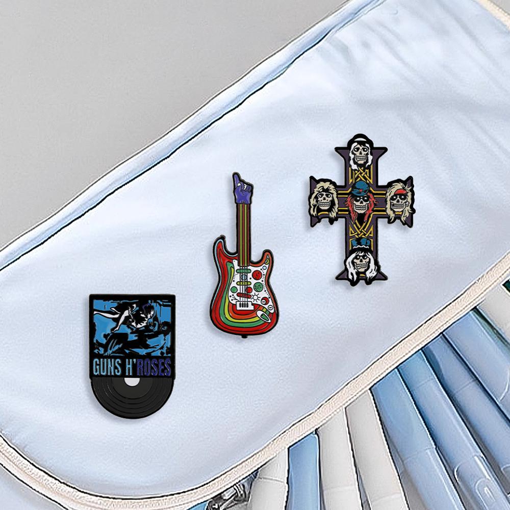 7Styles Hip Hop Gun Roses Theme Enamel Brooches Skull Cross Guitar Tape Shaped Music Pins