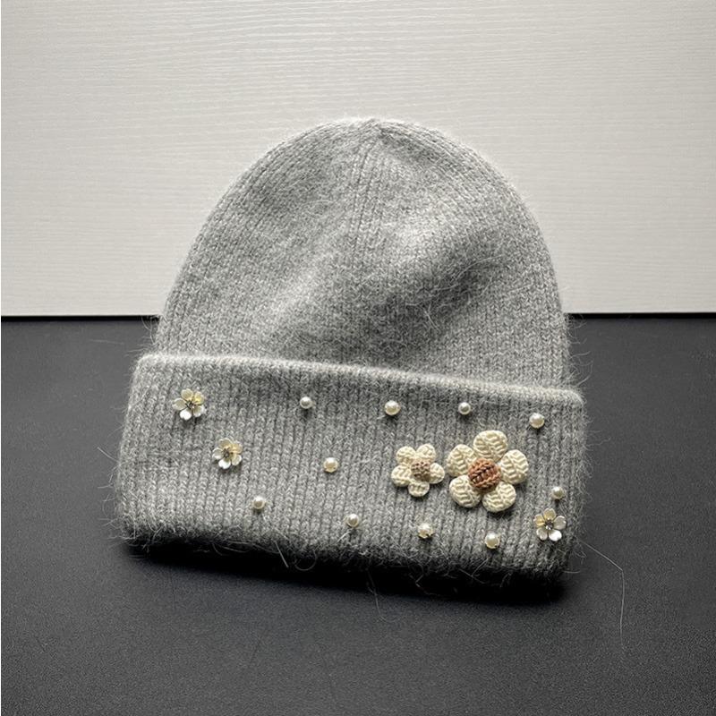 New Cute Flower Rabbit Wool Knitted Hat Autumn and Winter Thickened Warm Plush Fashionable Wool Hat Women Showing Their Face Cold Hat