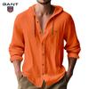 Gant Embroidery Men's Solid Color Casual Long Sleeved Shirt Hooded Drawstring Cotton and Linen Cardigan Trendy Versatile Loose Beach T-shirt