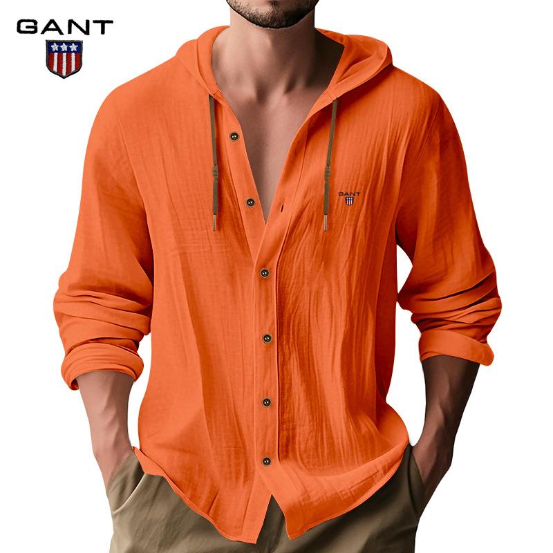 Gant Embroidery Men's Solid Color Casual Long Sleeved Shirt Hooded Drawstring Cotton and Linen Cardigan Trendy Versatile Loose Beach T-shirt