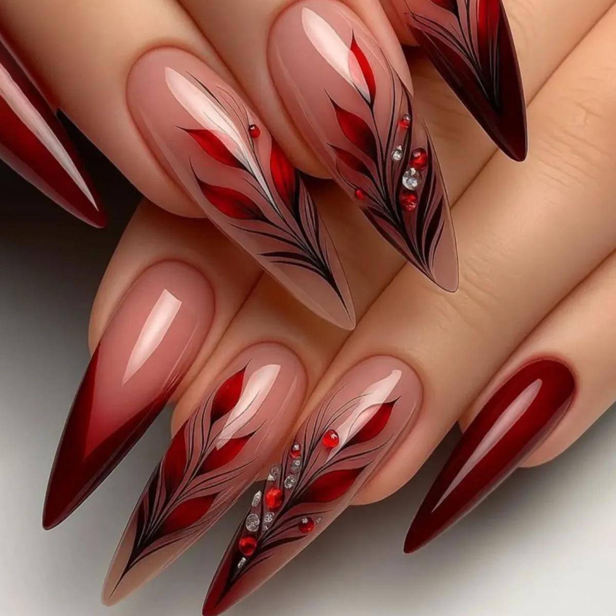 Gradient Red Plant Design Rhinestone False Nails – Long, Pointed, Nude, Removable