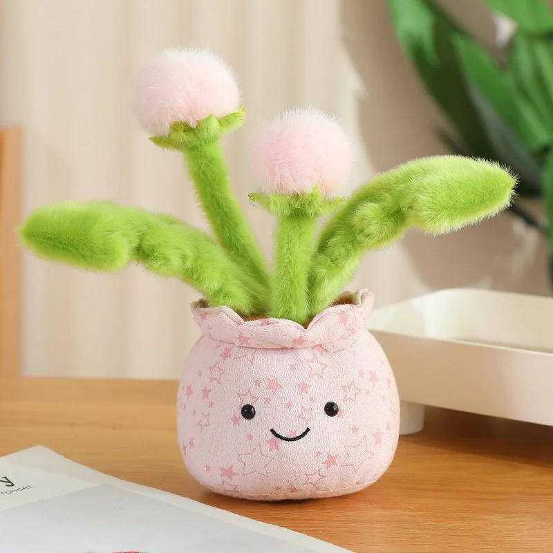 Cute Smiley Potted Flower Plush Toy Soft Fluffy Stuffed Dandelion Plant Doll Kawaii Desk Decor Home Office Bedroom Holiday Gift