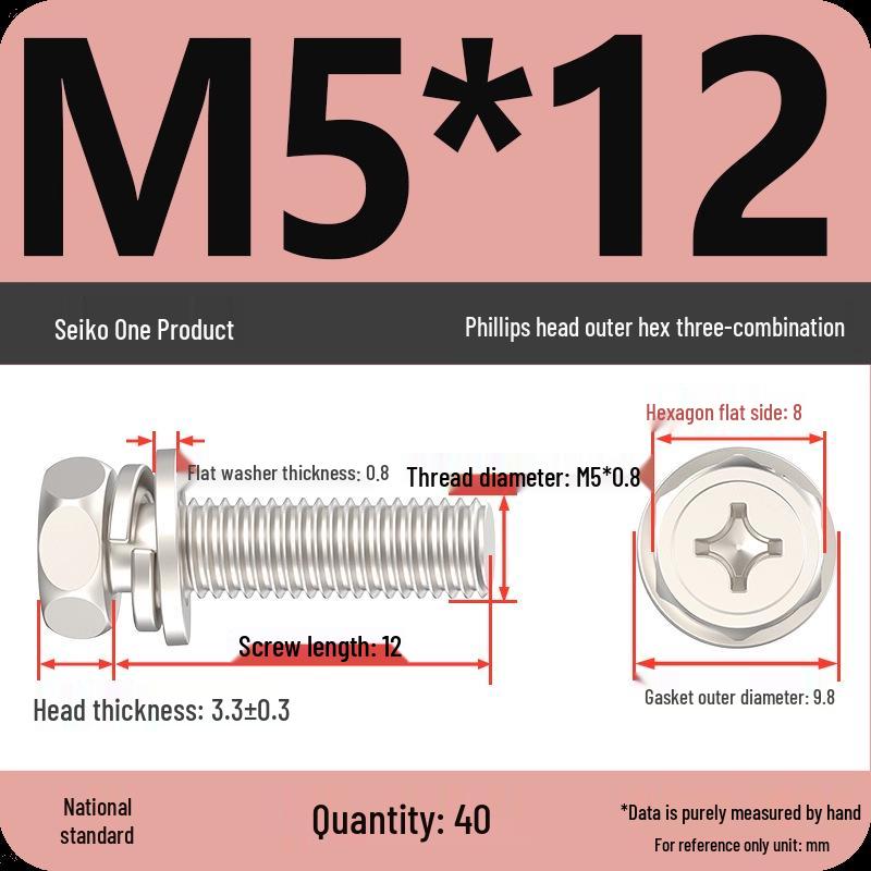Concave Head Hexagon Combination Bolt Set with Spring Washer and Gasket - 3 Pieces