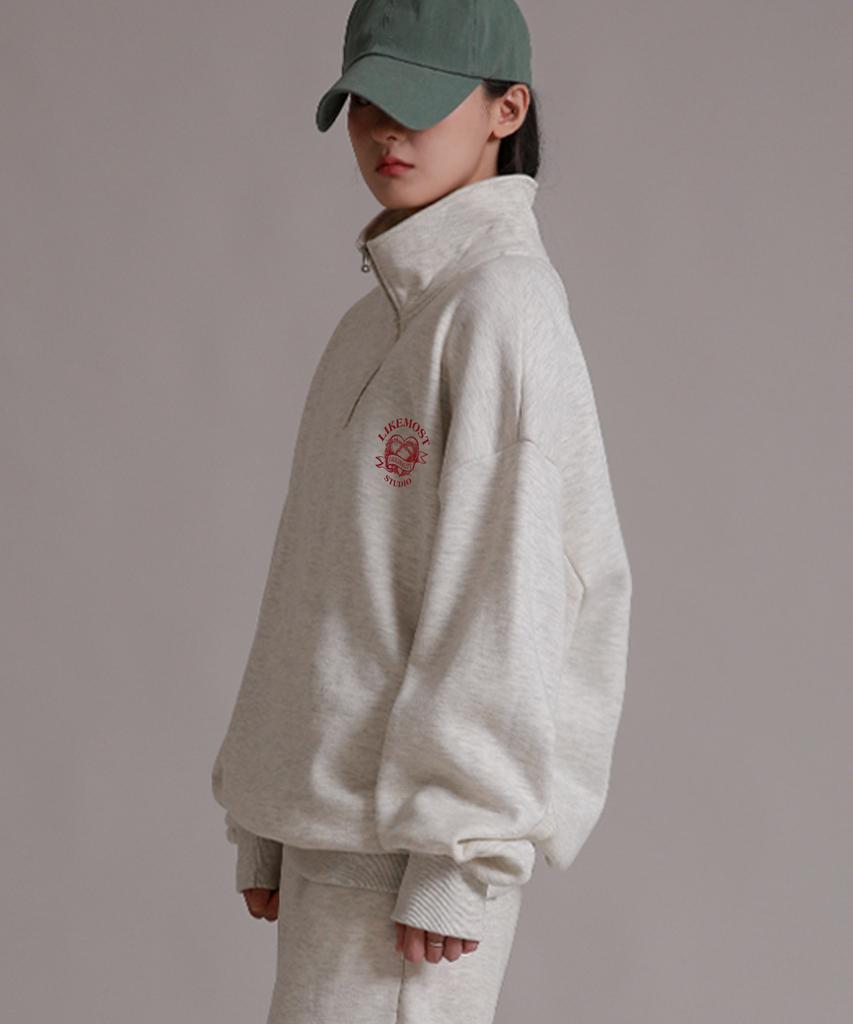 LIKE THE MOST Studio Heart Half-Zip Brushed Over Sweatshirt 4 Colors