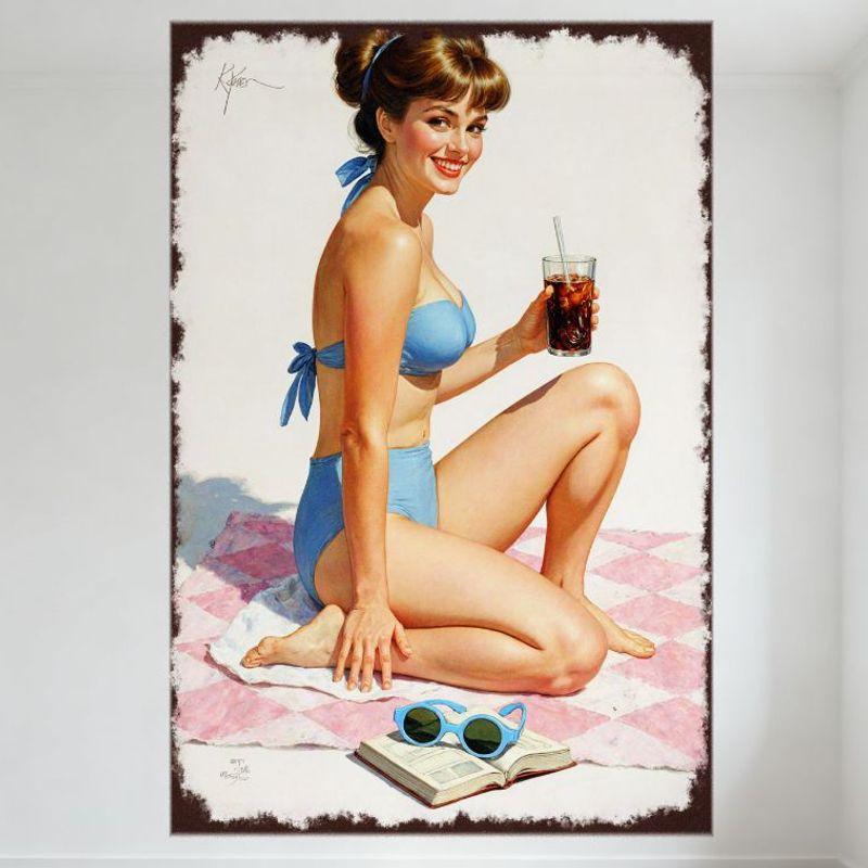

Light Blue Bikini Woman with Iced Cola on Checkered Blanket Metal Tin Sign - Vintage Sunny Outdoor Decor for Home Bar Cafe Club 20x30cm（7.8x11.8inch）