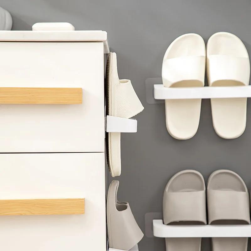 Bathroom Slipper Shelf Punch Free Wall Mount Shoes Hanger Rack Towel Storage Shelf Space Saving Shelves Bathroom Accessories