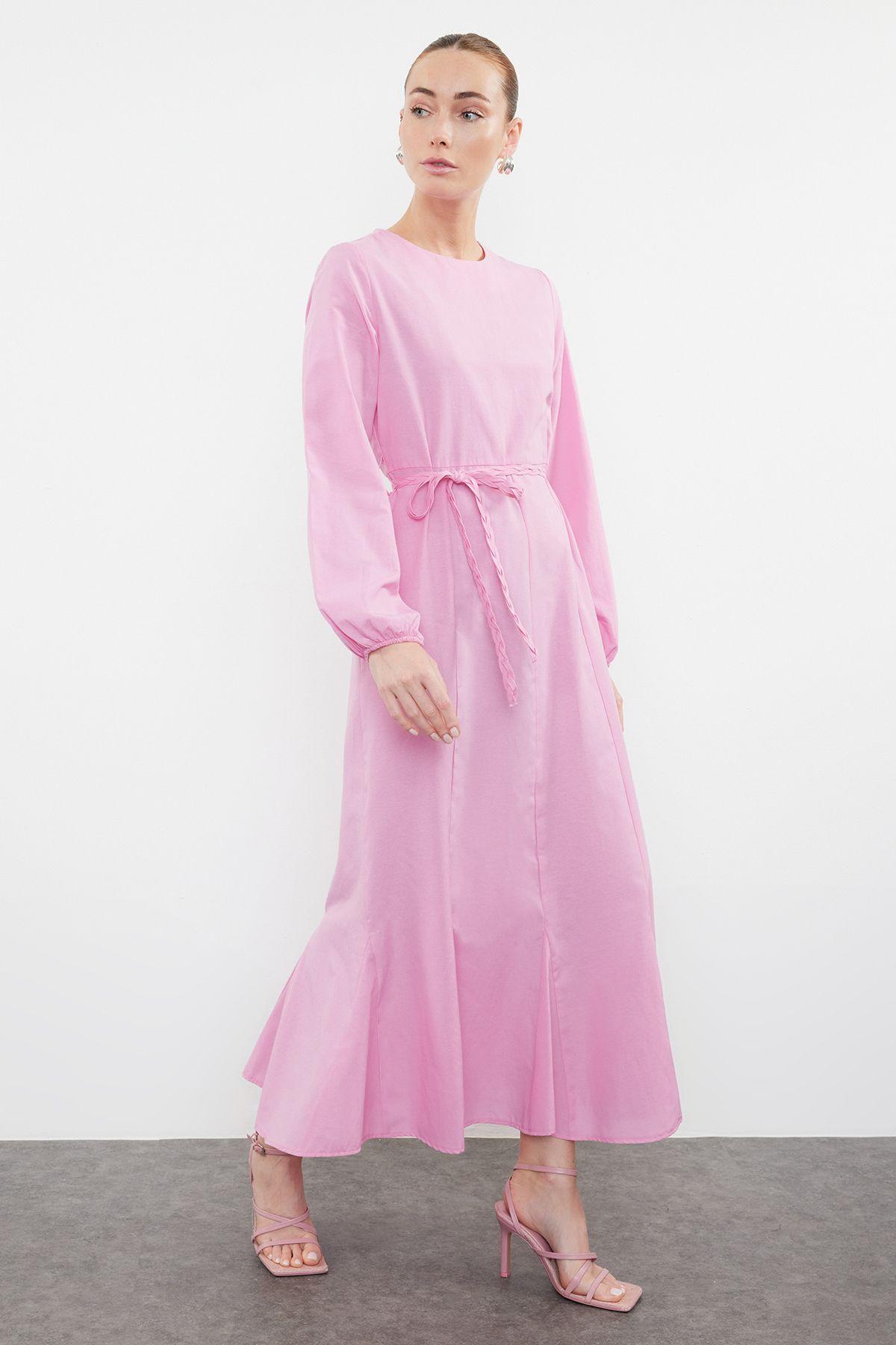

Women s Style Hijab Dress Woven Cotton Dress with Pink Knit Belt XS