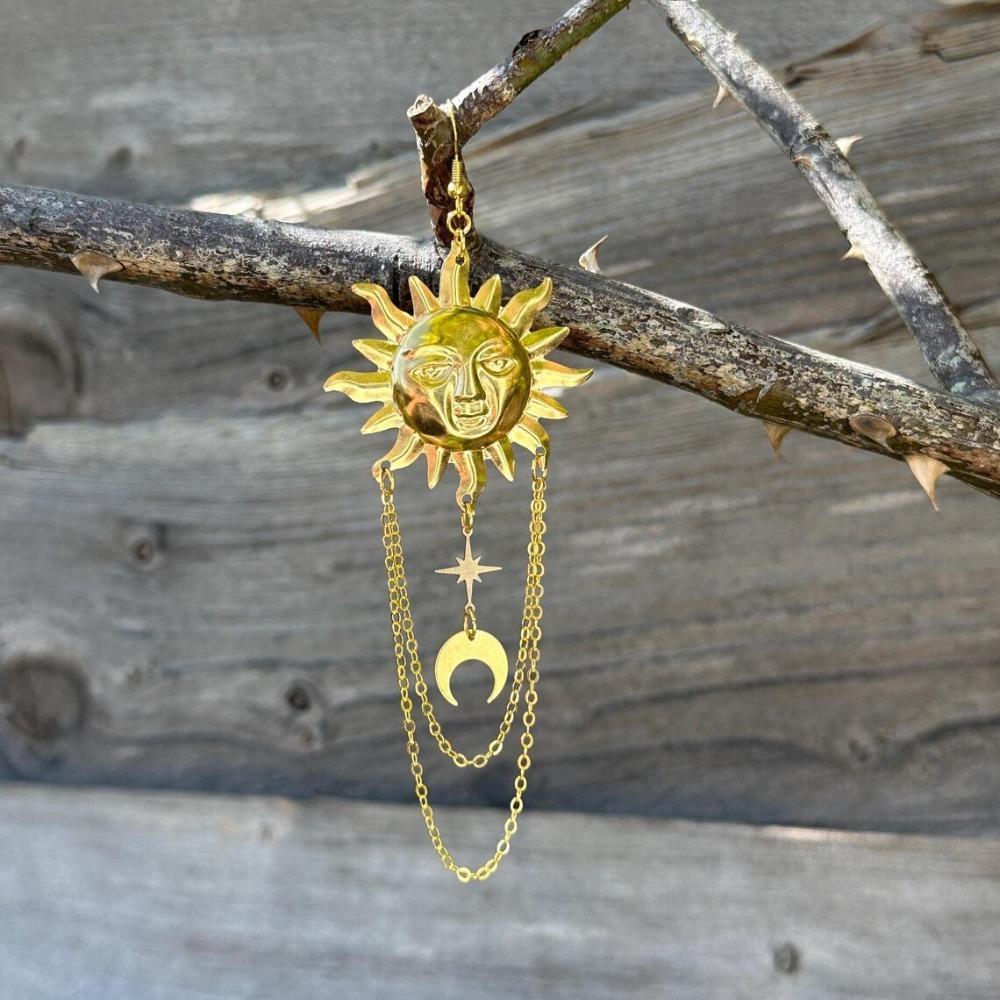 Bohemian Retro Gold Abstract Human Face Sun Moon Pendant Tassel Chain Dangle Earrings for Women Stainless Steel Trendy Jewelry