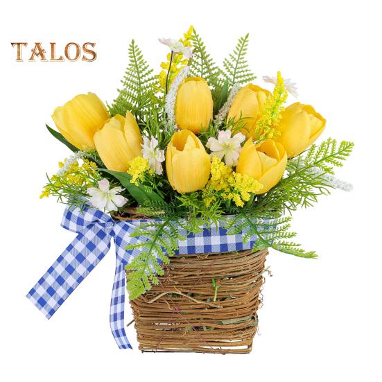 

Искусственный тюльпан, венок, украшение с синим клетчатым бантом, искусственный желтый цветок, вешалка для входной двери, настенное украшение, весенний цветок, украшение жёлтый