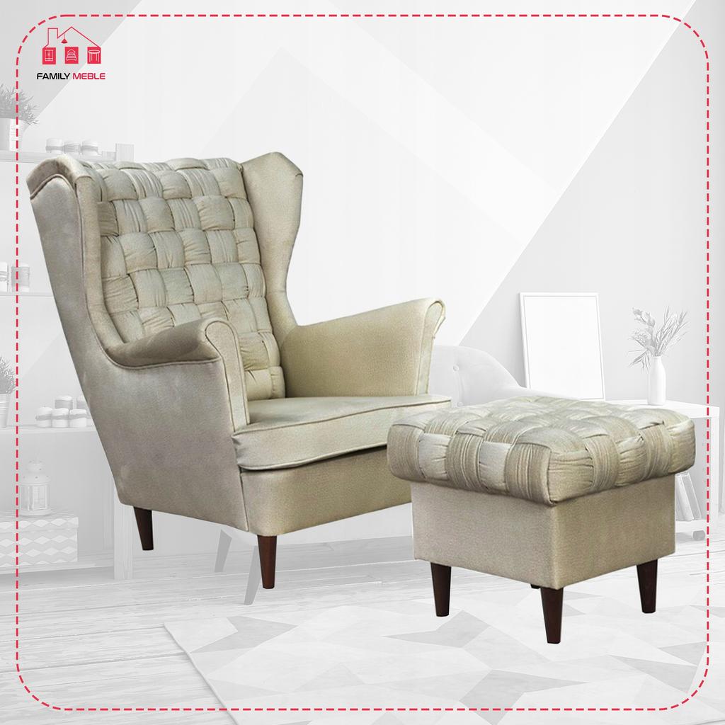 Fotel uszak Carol z podnóżkiem skandynawski Family Meble jasny beżowy