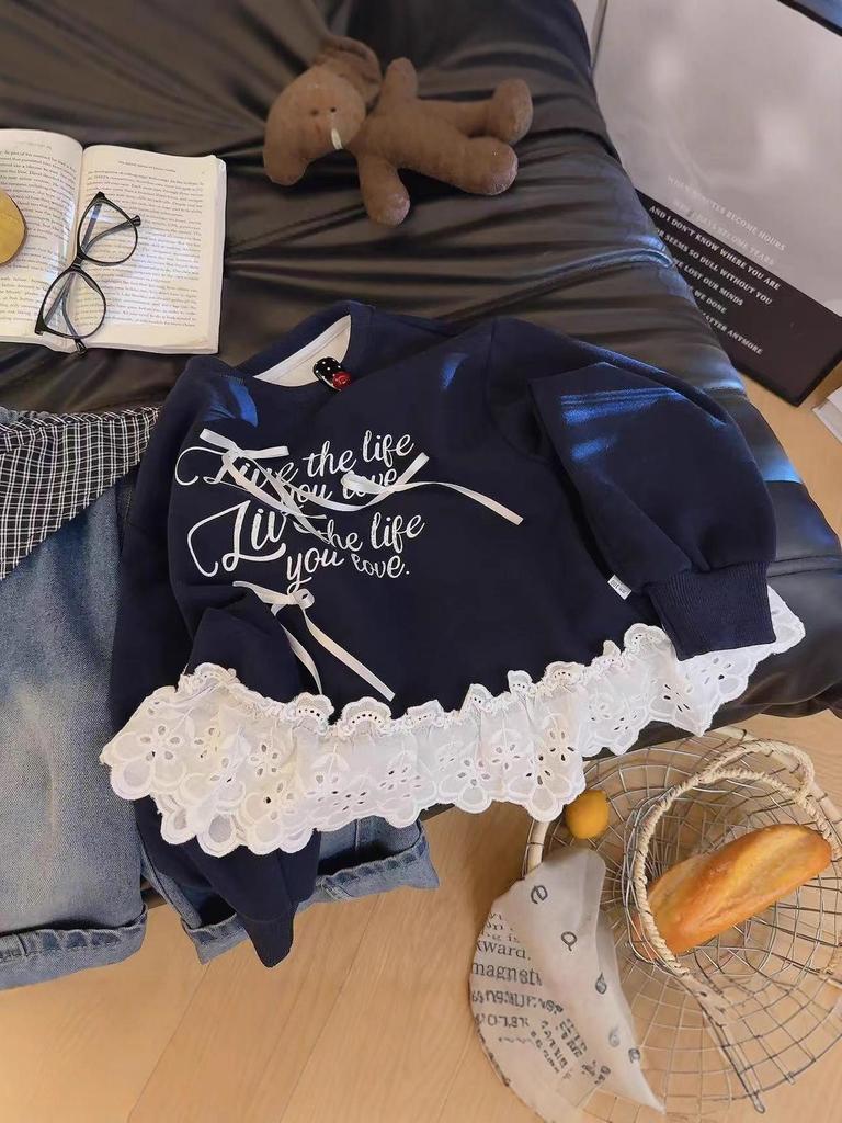 Herbst-Spitzen-Schleife Mädchen Langarm Koreanischer Stil Sweatshirt