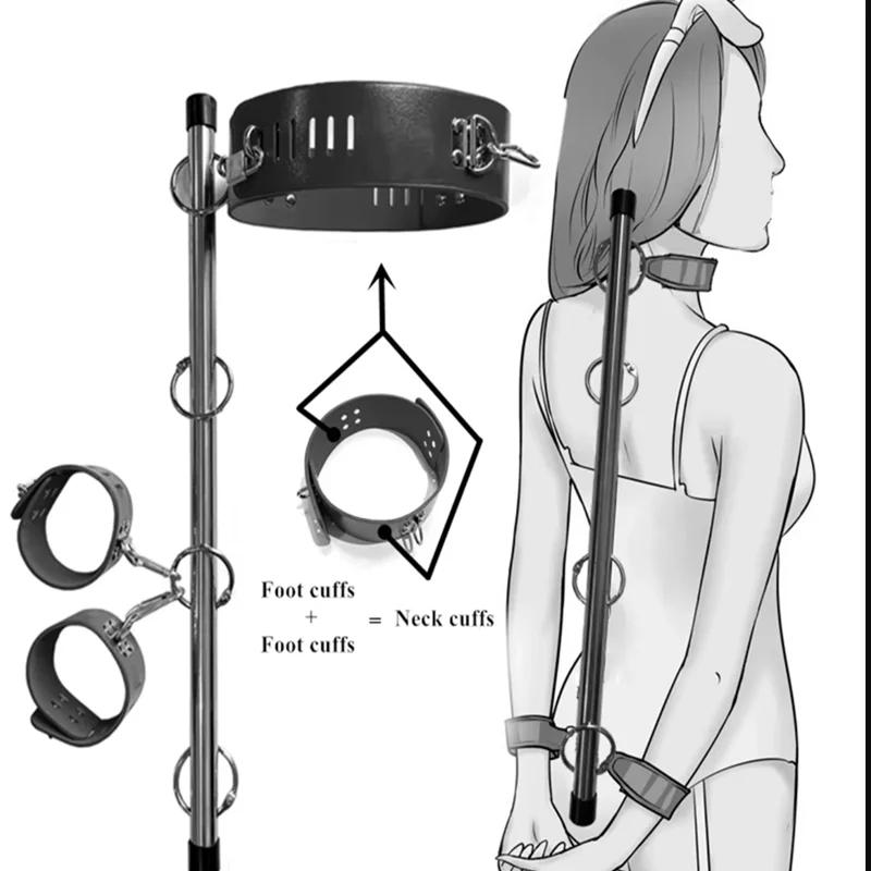 BDSM Bondage Adjustable Handcuffs & Ankle Cuffs with Stainless Steel Spreader Open Legs Pu Leather Set for Couple Sex Games Toy