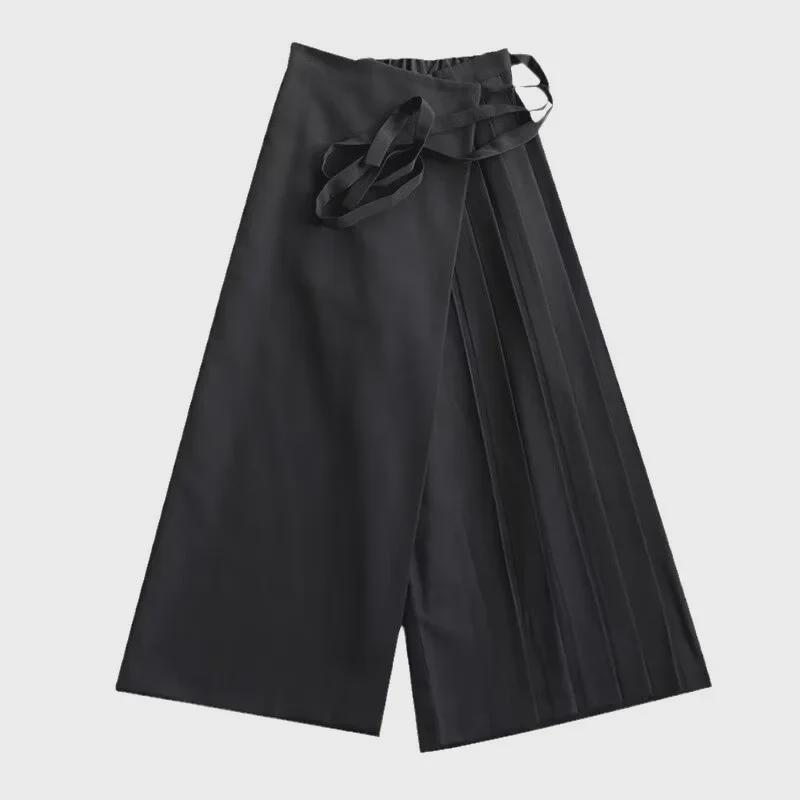 Yohji Yamamoto Pánské černé bojovnické kendo kalhoty-sukně – Rovný široký střih pro jaro a podzim