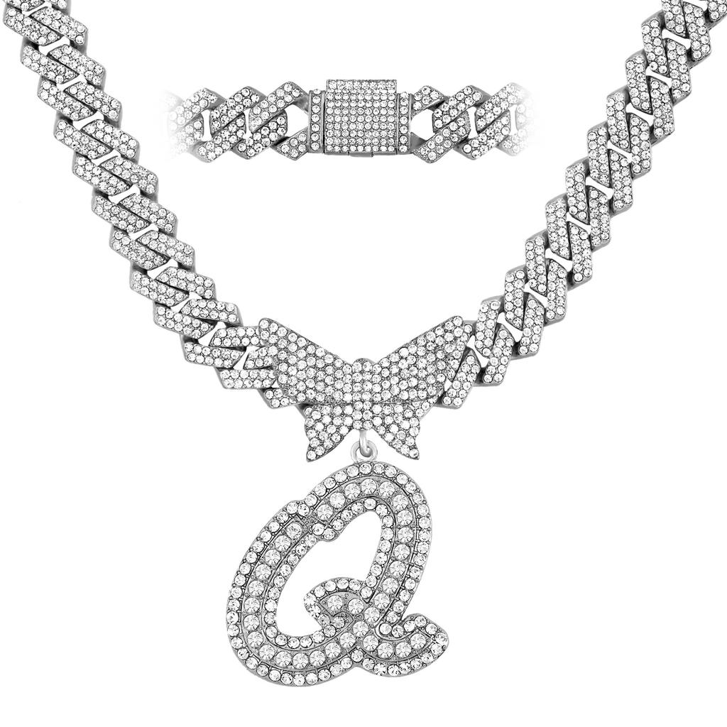 Men Women 14MM Cuban Chain Crystal Butterfly Initials Name Pendant Necklace Iced Out Cursive Letters Rapper Necklace Jewelry New