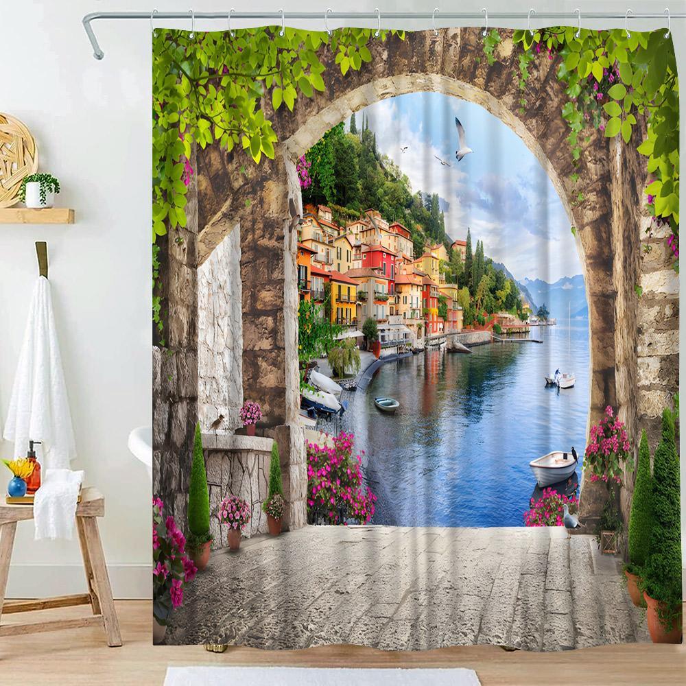 Garden Shower Curtains Arched Door Flowers Plants Floral Bathroom Decorations Nature Scenery Polyester Bath Curtain With Hooks