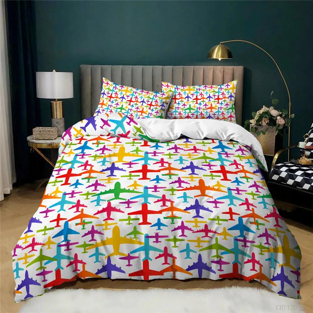 Print Blue White Airplane Comforter Cover Set For Boy Men Teen Kids Microfiber Duvet Cover With Pillowcase Plane Bed Cover Set