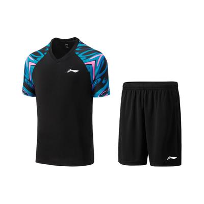 Color Block V-Neck Short Sleeve T-Shirt And Solid Straight Shorts Casual Sports Set Unisex Sports Set Black AATU027-1