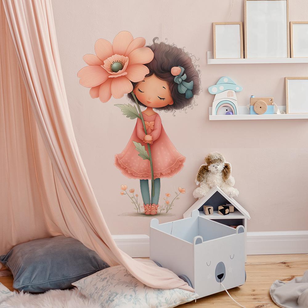 Self-adhesive Wall Stickers Cartoon Girl with Flowers for Kids Room Bedroom Living Room Home Decor