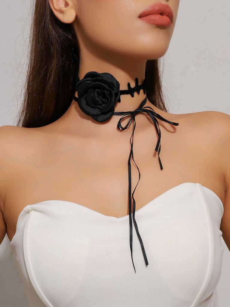 Vintage Black Lace Rose Necklace Bracelet Ring Set Women's Dinner Party, Dark Wind Neck Chain Bracelet
