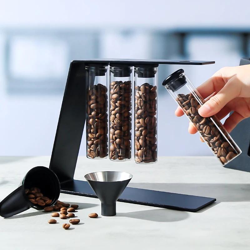 Magnetic Coffee Bean Storage Tubes with Rack, Airtight Espresso Accessories Glass Organizer for Kitchen&Cafe/Commercial Use
