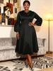 Women's Plus Size Black Doll Collar Dress with Lantern Sleeves and Cinched Waist - Elegant Formal Wear
