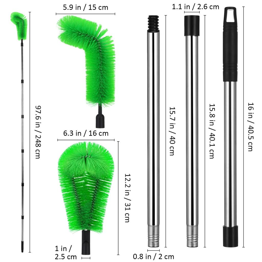 NUOLUX Stainless Steel Gutter Brush, Spider Web Preventer, Cleaner Tool with Telescopic Extension Poles (2 Brushes + 6 Poles), 230cm X 16cm X 8cm