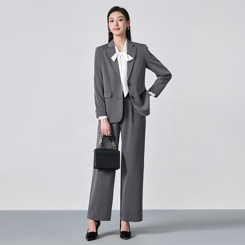 Toluoman Women's Grey Relaxed Fit Suit & Wide-Leg Pants Set