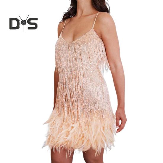 

Женское платье с кисточками и пайетками, V-образным вырезом, без рукавов, с открытой спиной, с декором из перьев, свободный танцевальный костюм для румбы-ча-ча, мини-платье для вечеринки в клубе 3XL бежевый