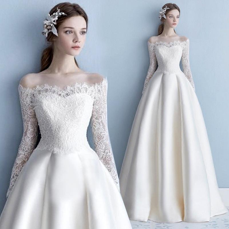 Qidi Brautkleid Frühling und Herbst Neu Frühling und Herbst Europäischer und Amerikanischer Stil Braut Leicht Hauptbrautkleid Spitze Satin Schleppe