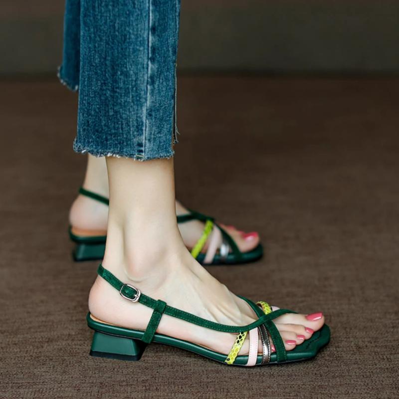 Women's Fashion Round Head Open Toe Cross Thin Metal Buckle Non-slip Square Heel Shoes Matching Color Low Heel Sandals