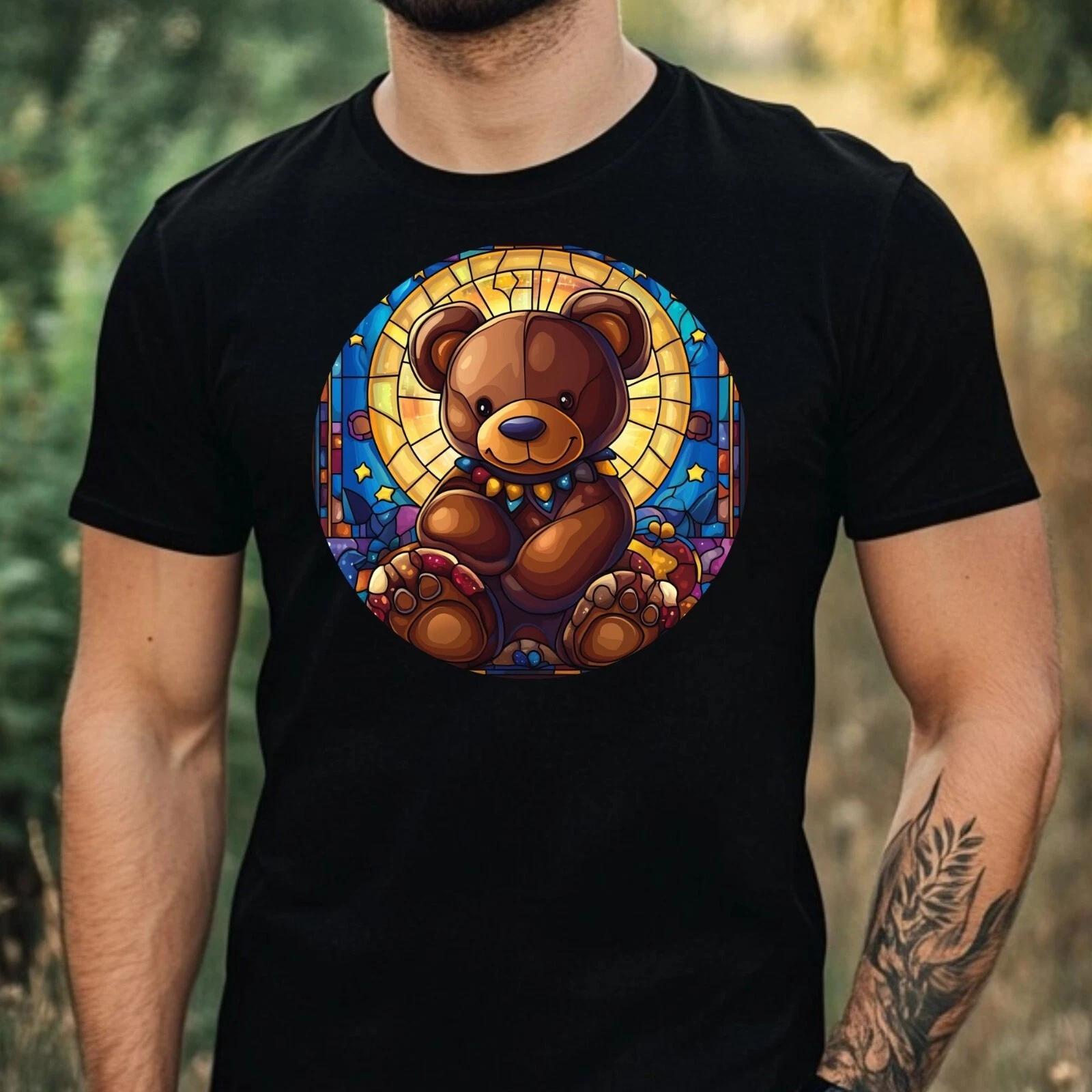 T-Shirt Herren Teddybär Buntglas Motiv Baumwolle Größe XS bis 5XL XS