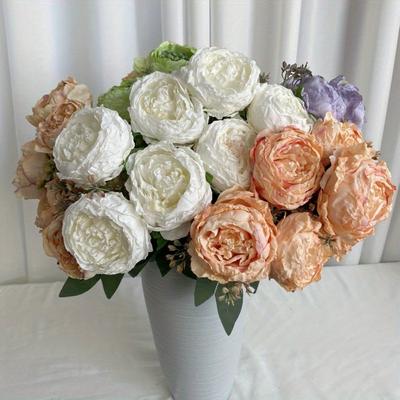 3 Bundles Artificial Flowers Bouquets Vintage Peonies Fake Peonies Silk Faux Peonies with Stems for Wedding Table Home Decor Bride