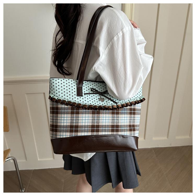 Korean Polka Dot Plaid Shoulder Bags for Women Mint Chocolate Large Capacity Ladies Tote Versatile Girls Underarm Bag Handbags