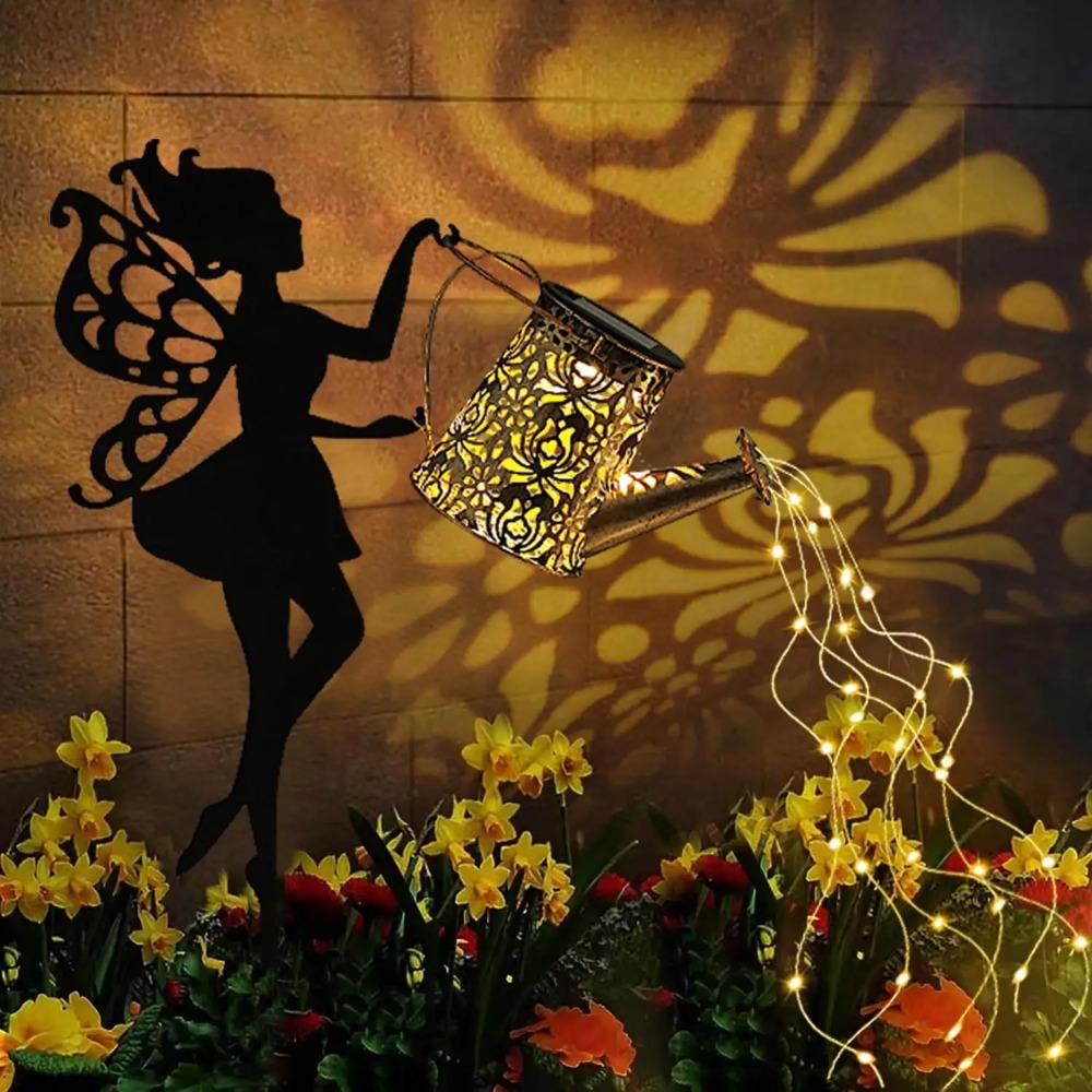 Outdoor Solar Watering Can Lights, Waterfall LED String Fairy Lights, Garden Kettle Projection Decorative Lights