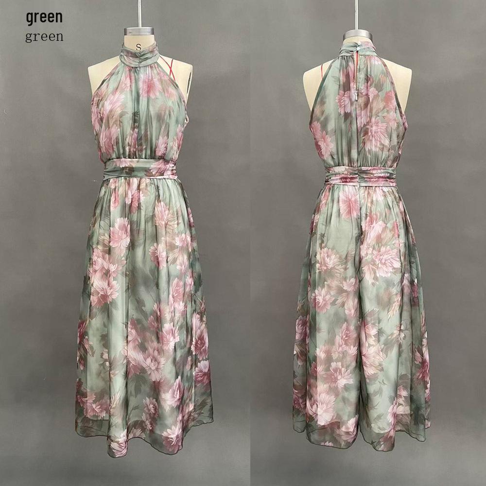 2026 Women s Irregular Slit Mesh Print Pleated Spaghetti Strap Maxi Dress S