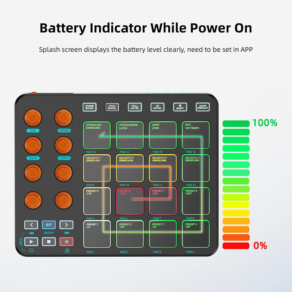 Summina MIDI Controller, 16 RGB Pads, 8 Knobs, 6 Customizable Buttons, Wireless Rechargeable 2000mAh Battery, USB MIDI Connectivity, for Music Product