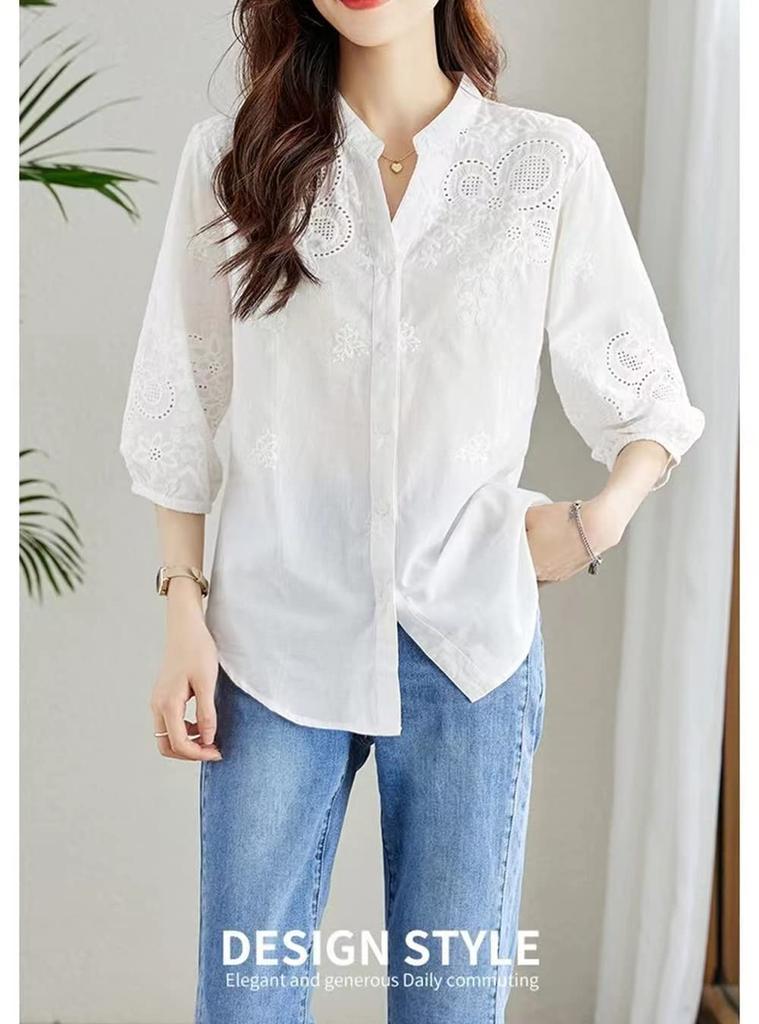 short floral large openwork [PH.YZBBDPG] Shirt, blouse, top, sleeve, V-neck, plain, embroidery, pattern, size, feminine, women's, knit, slimming,