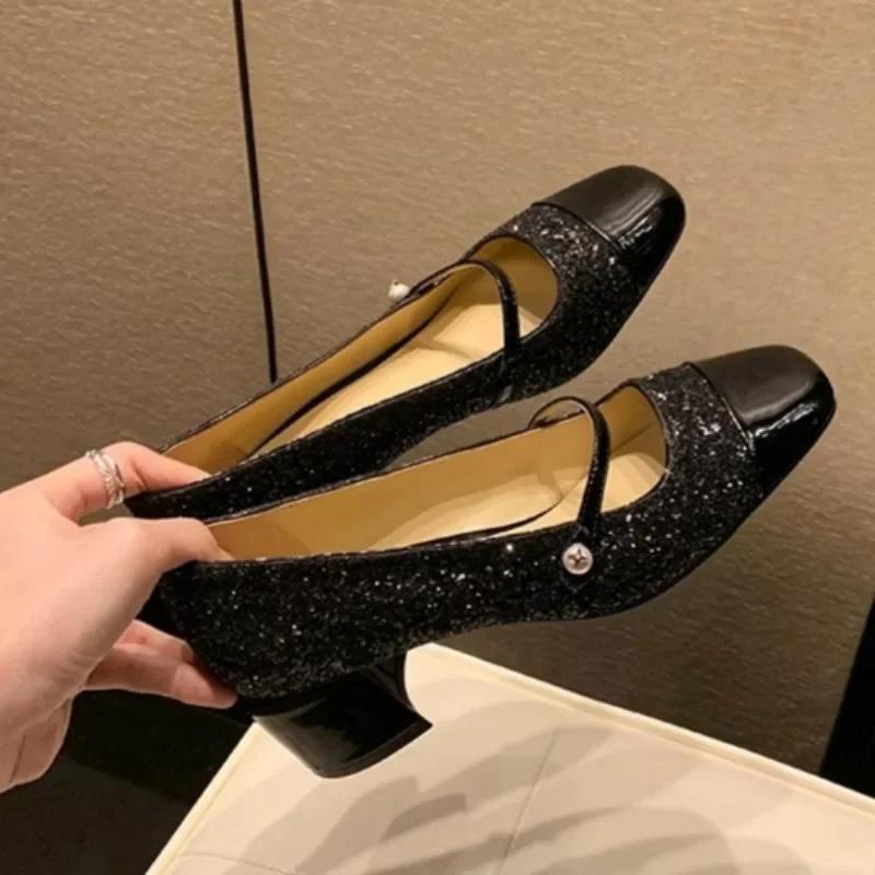 Fashion Women's Fashion Coarse Heel Single Shoes Fall New Square Head Light Mouth Match Color Anti-slip Wear-resistant Low-top Shoes