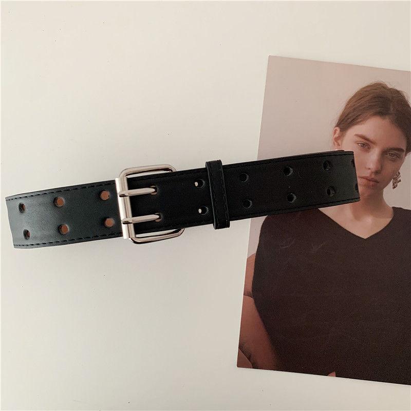 Pu Trendy Black Waist Belt With Double Holes For Vintage Inspired Attire Casual