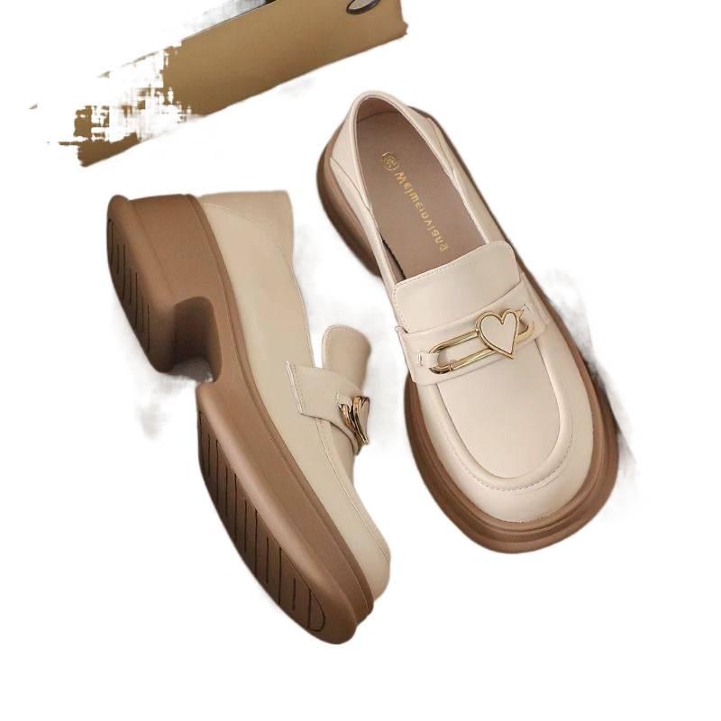 British-Style Black & Off-White Leather Platform Loafers with Buckle