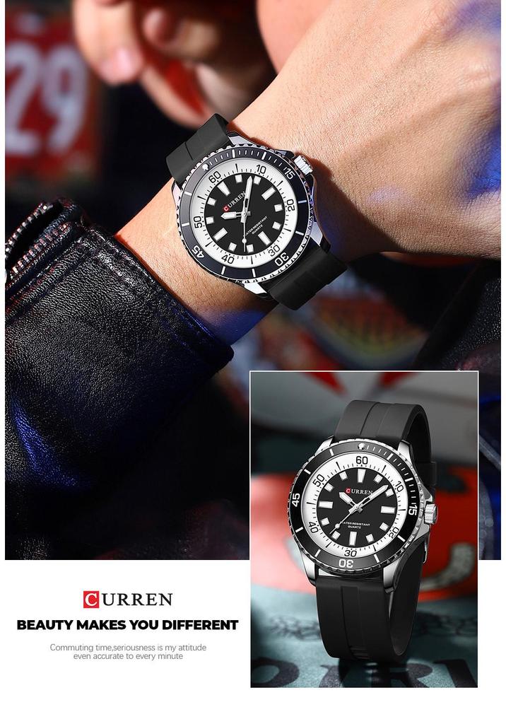 CURREN 8448 Unisex Waterproof Round Watch with Rubber Strap - Suitable for Men and Women