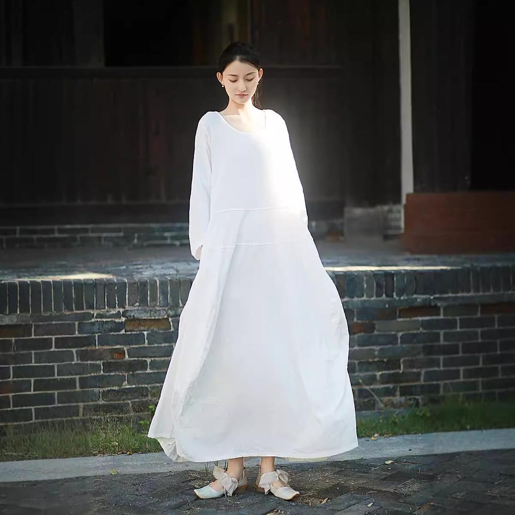Johnature Women Vintage Dress O-Neck Long Sleeve Spring Solid Color A-Line Women Dress