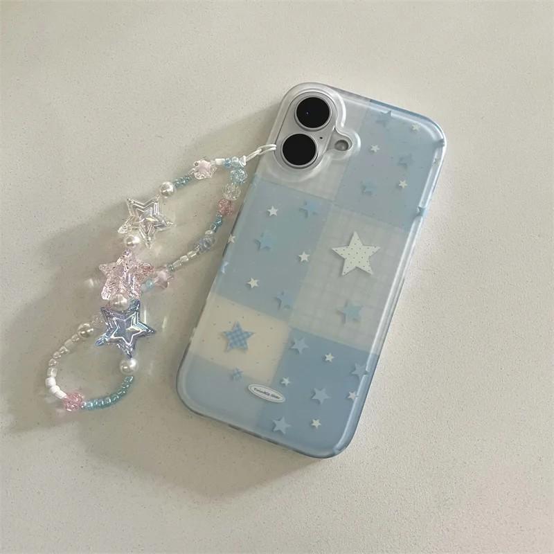 Cute Blue Plaid Star Phone Case for Samsung Galaxy S26 S25 S24 S23 S22 S21 FE Ultra Plus 4G 5G Feather Texture Back Cover