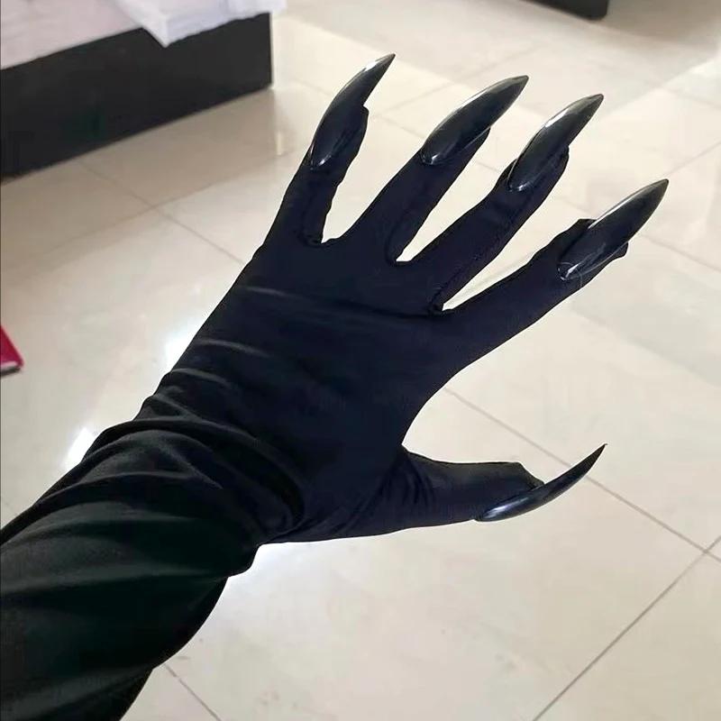 Black Halloween Gothic Long Nails Cosplay Gloves Halloween Personality Stretch Ghost Claw Mittens Stage Performance Accessories