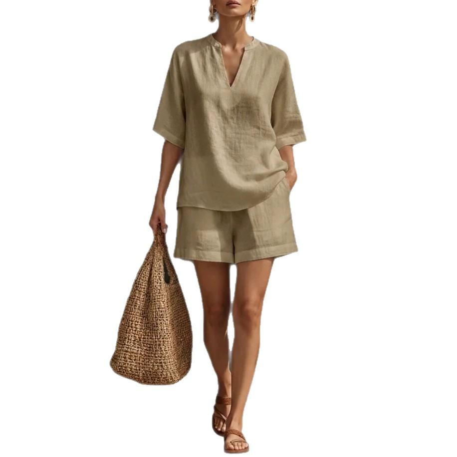 1116 summer new European and American V-neck short-sleeved shorts two-piece fashion loose casual suit women